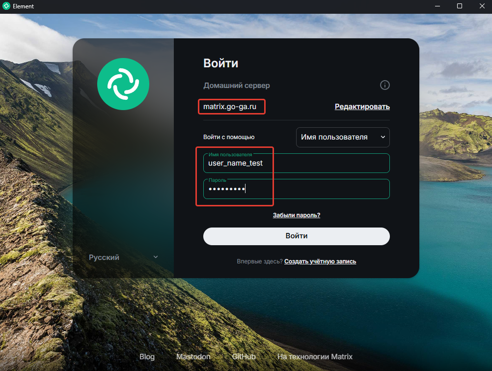 Форма входа в Element